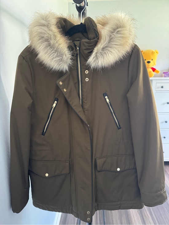 Zara Jackets & Blazers - Zara Olive Hooded Trench Coat with Faux Fur Trim